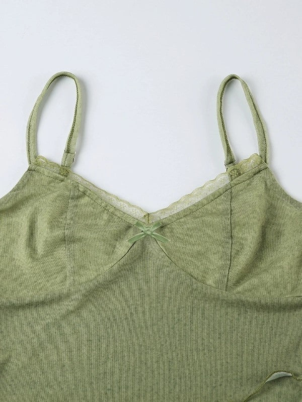 GREEN MESH PATCHWORK TOP AND MIDI SKIRT SET