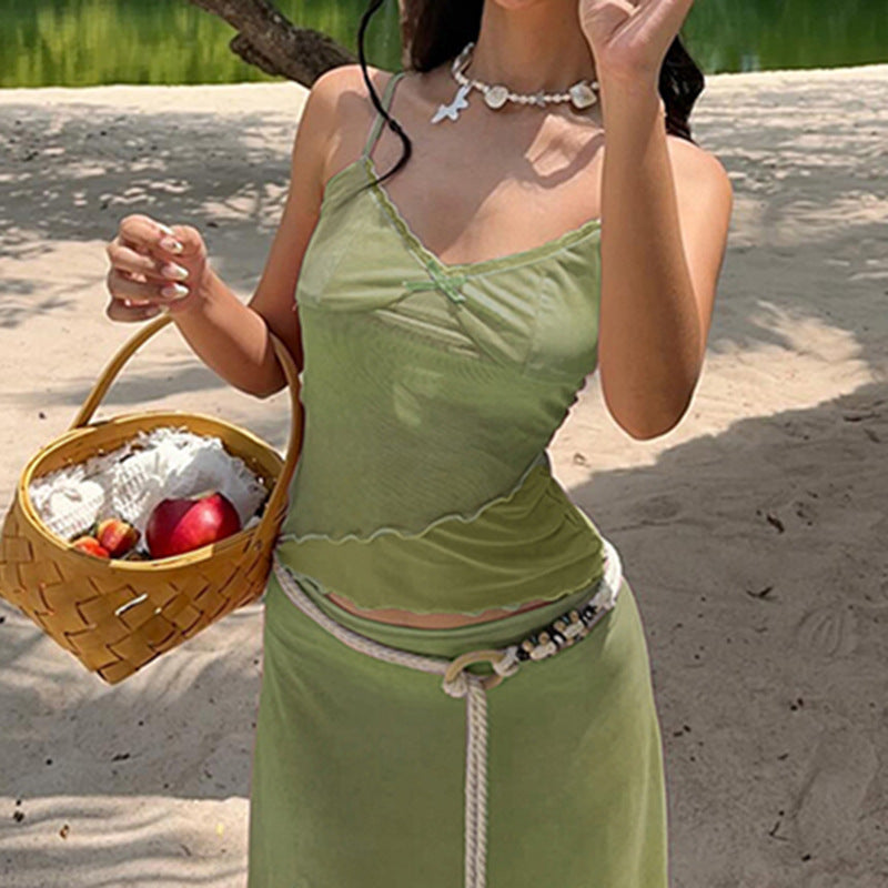 GREEN MESH PATCHWORK TOP AND MIDI SKIRT SET