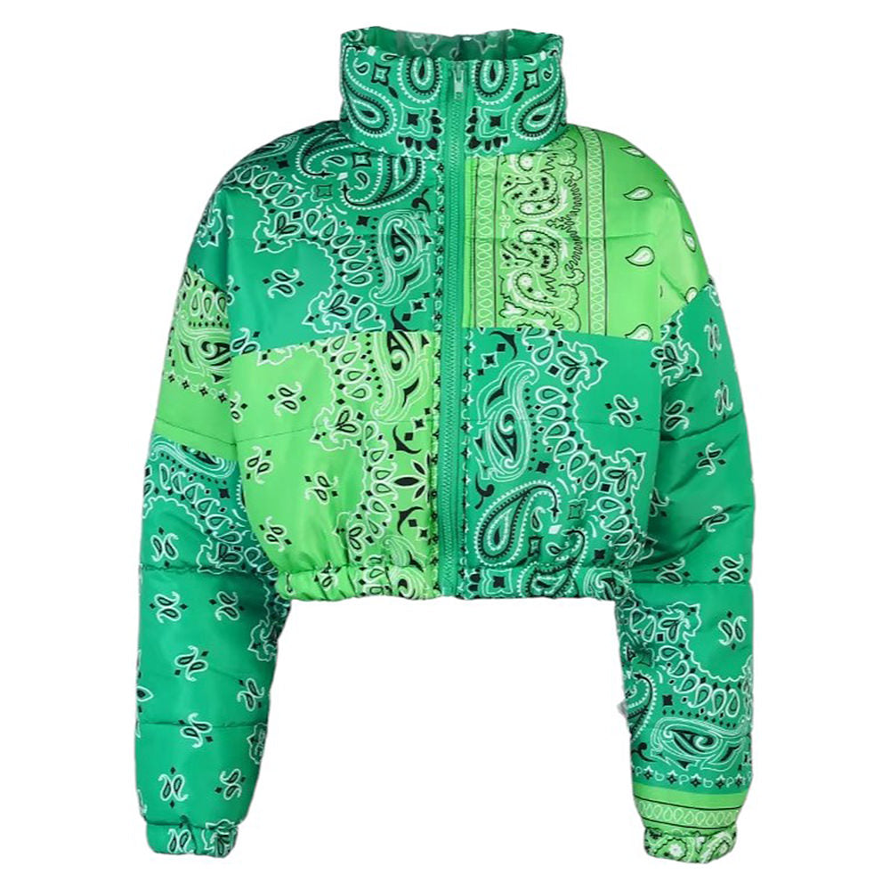 GREEN PAISLEY PATCHWORK PUFFER JACKET