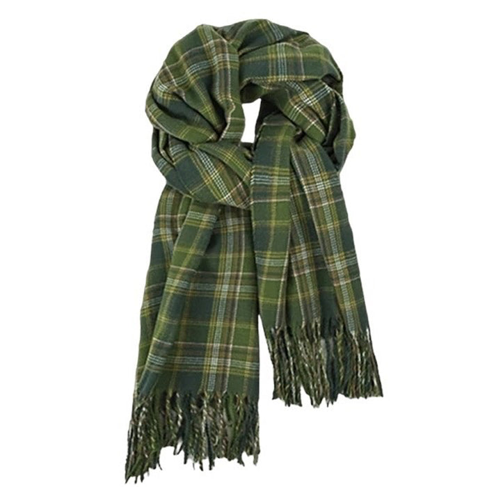 GREEN PLAID FRINGED SCARF FASHION ACCESSORY FOR COLD WEATHER