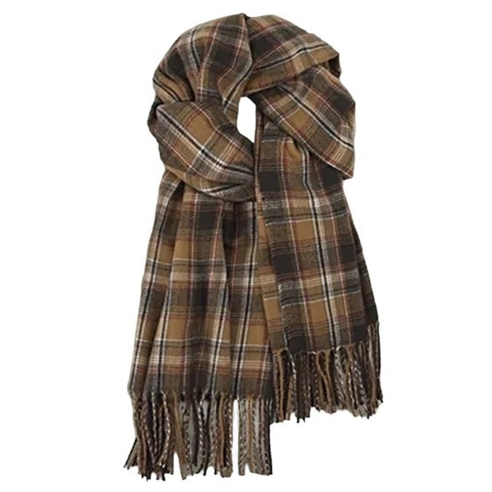 GREEN PLAID FRINGED SCARF FASHION ACCESSORY FOR COLD WEATHER