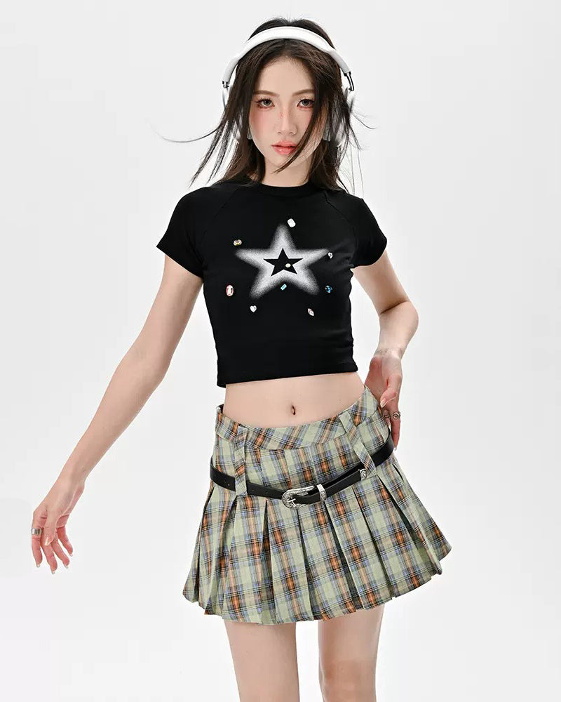 GREEN PLAID PLEATED MINI SKIRT WITH BELT