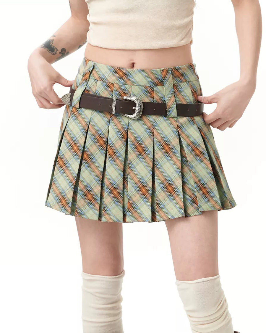 GREEN PLAID PLEATED MINI SKIRT WITH BELT