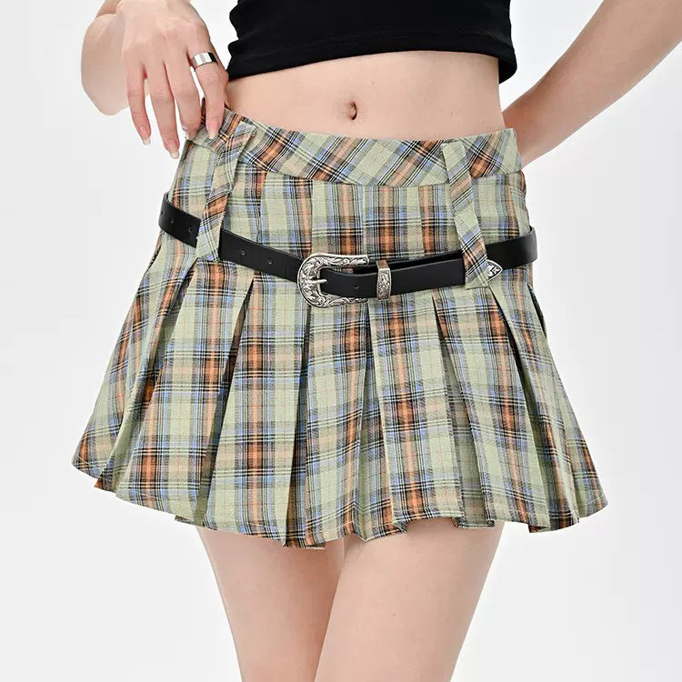 GREEN PLAID PLEATED MINI SKIRT WITH BELT