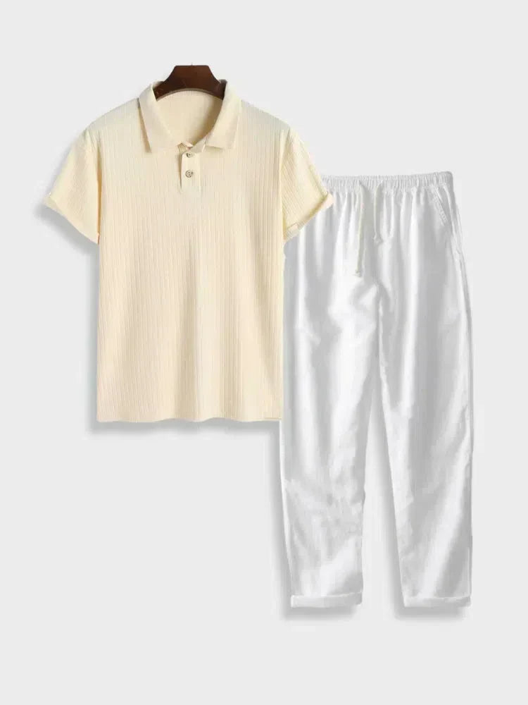 GREEN POLO SHIRT AND WHITE LINEN COTTON PANTS SET