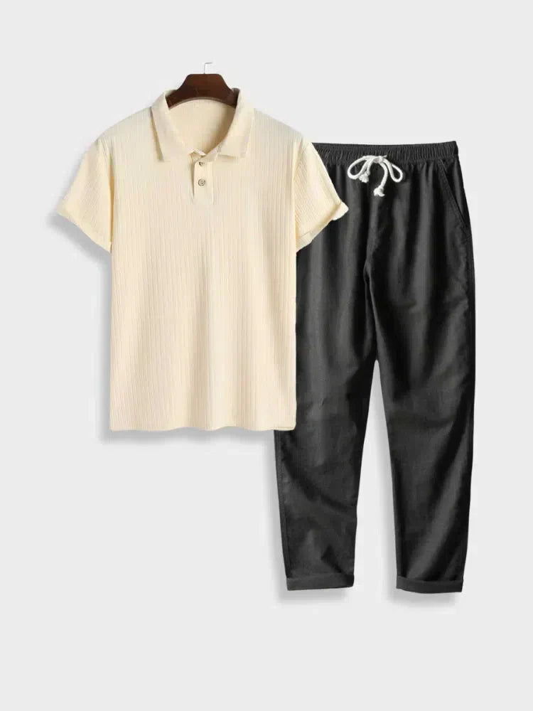 GREEN POLO SHIRT AND WHITE LINEN COTTON PANTS SET