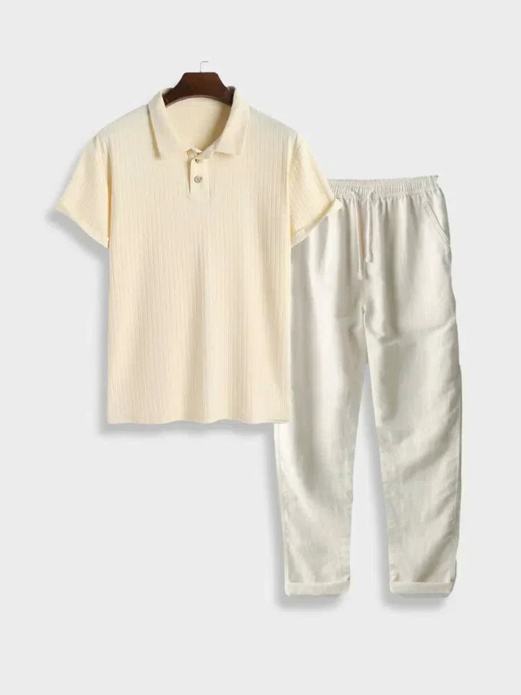 GREEN POLO SHIRT AND WHITE LINEN COTTON PANTS SET