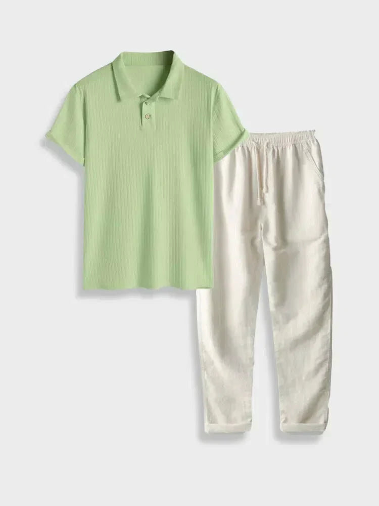 GREEN POLO SHIRT AND WHITE LINEN COTTON PANTS SET