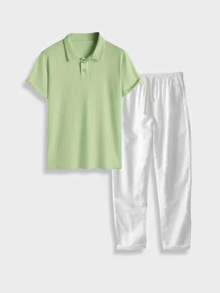 GREEN POLO SHIRT AND WHITE LINEN COTTON PANTS SET