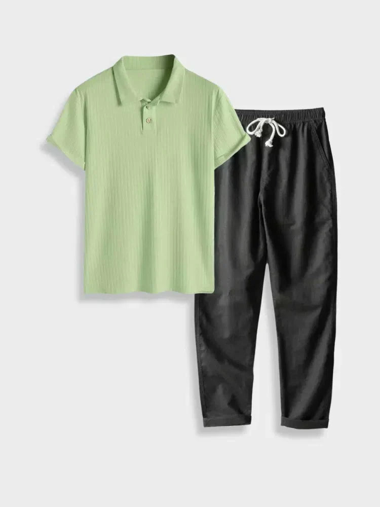 GREEN POLO SHIRT AND WHITE LINEN COTTON PANTS SET