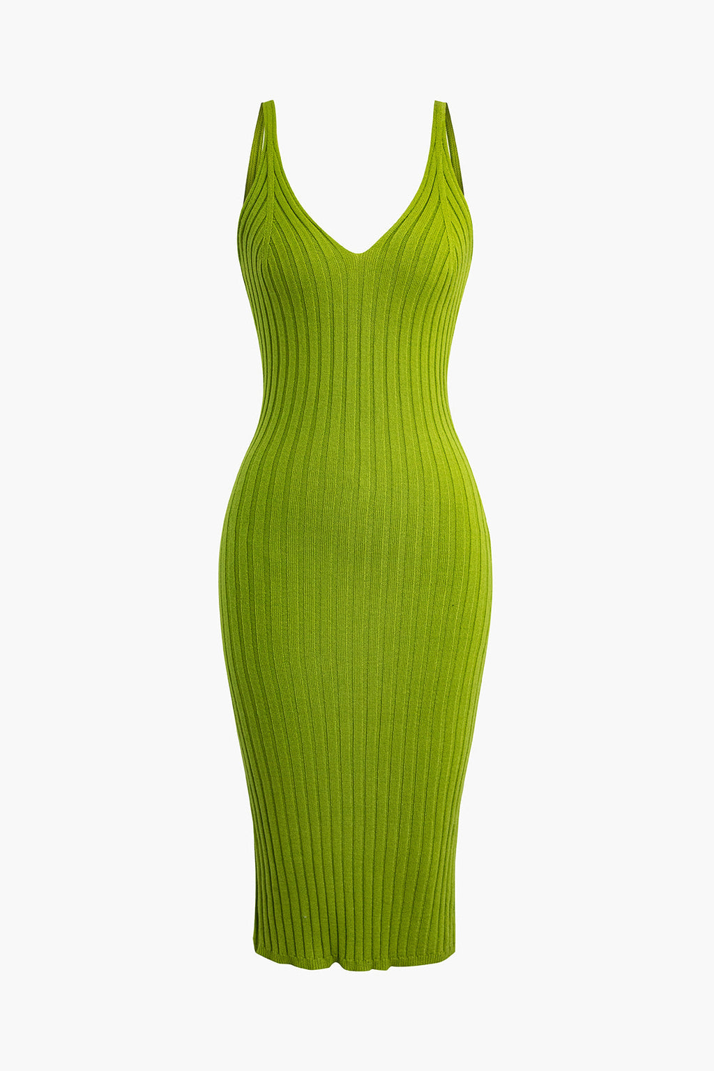 GREEN RIBBED KNIT MIDI DRESS CASUAL KNIT JERSEY FASHION ESSENTIAL
