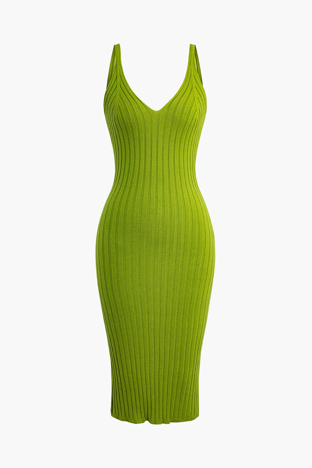 GREEN RIBBED KNIT MIDI DRESS CASUAL KNIT JERSEY FASHION ESSENTIAL
