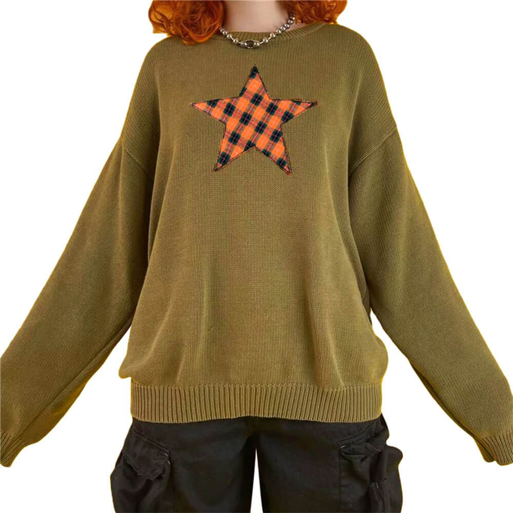 GREEN SWEATER WITH PLAID STAR PATCH