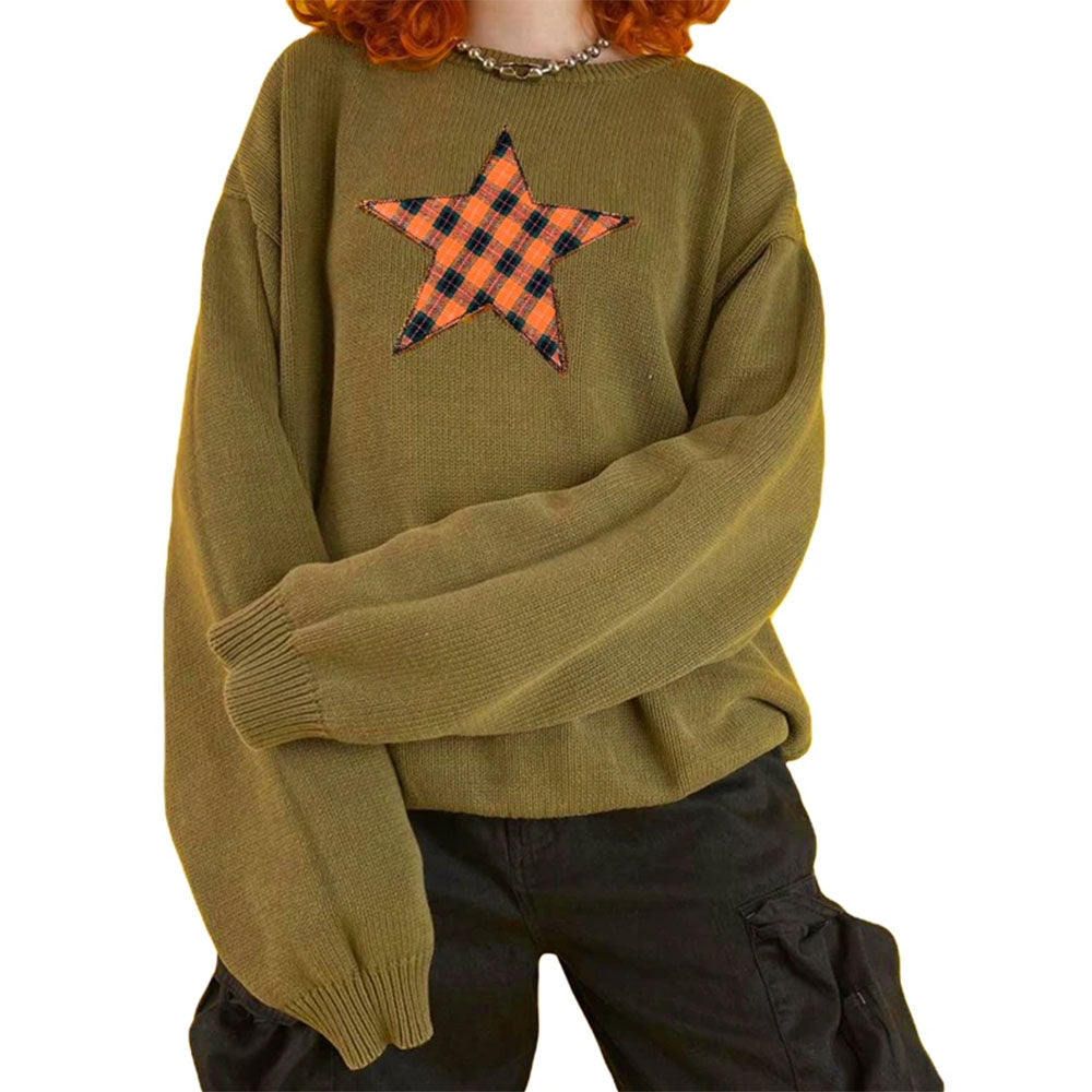 GREEN SWEATER WITH PLAID STAR PATCH
