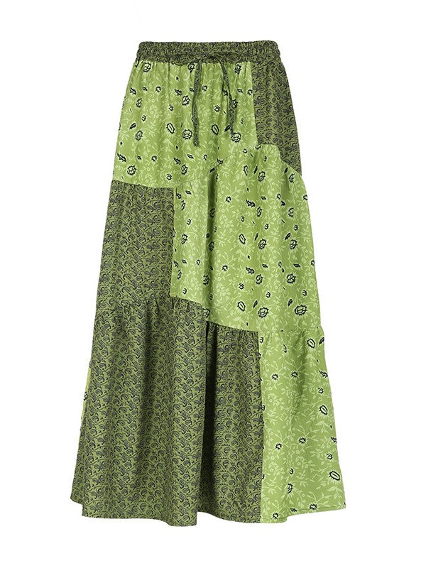 GREEN TIERED FLORAL MAXI SKIRT WITH DRAWSTRING WAIST AND PATCHWORK DESIGN