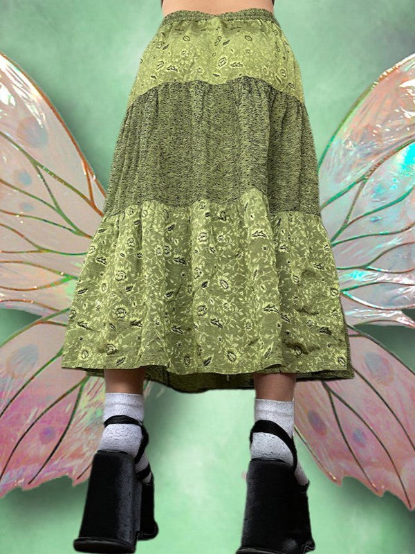 GREEN TIERED FLORAL MAXI SKIRT WITH DRAWSTRING WAIST AND PATCHWORK DESIGN