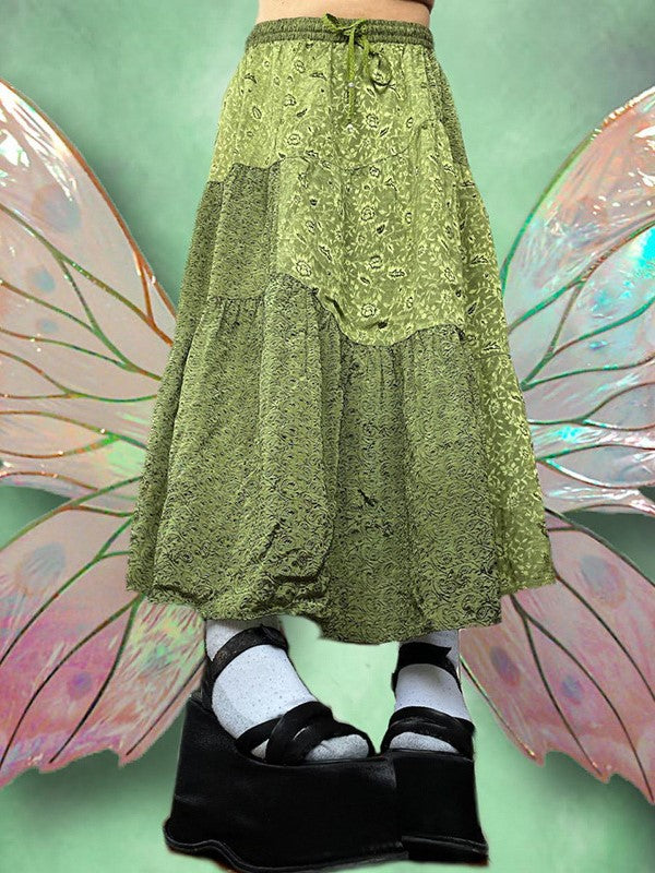 GREEN TIERED FLORAL MAXI SKIRT WITH DRAWSTRING WAIST AND PATCHWORK DESIGN