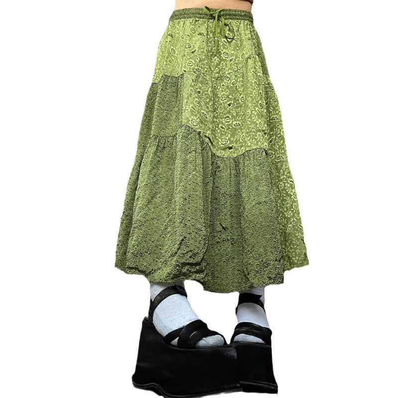 GREEN TIERED FLORAL MAXI SKIRT WITH DRAWSTRING WAIST AND PATCHWORK DESIGN