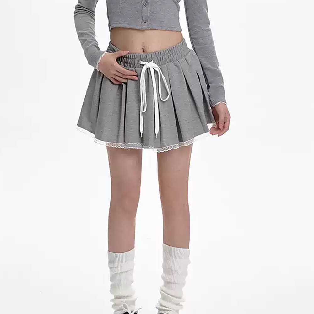 GREY PLEATED SKIRT WITH LACE TRIM MINI