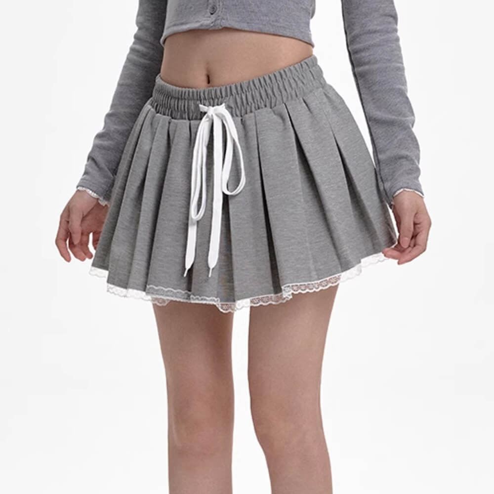 GREY PLEATED SKIRT WITH LACE TRIM MINI