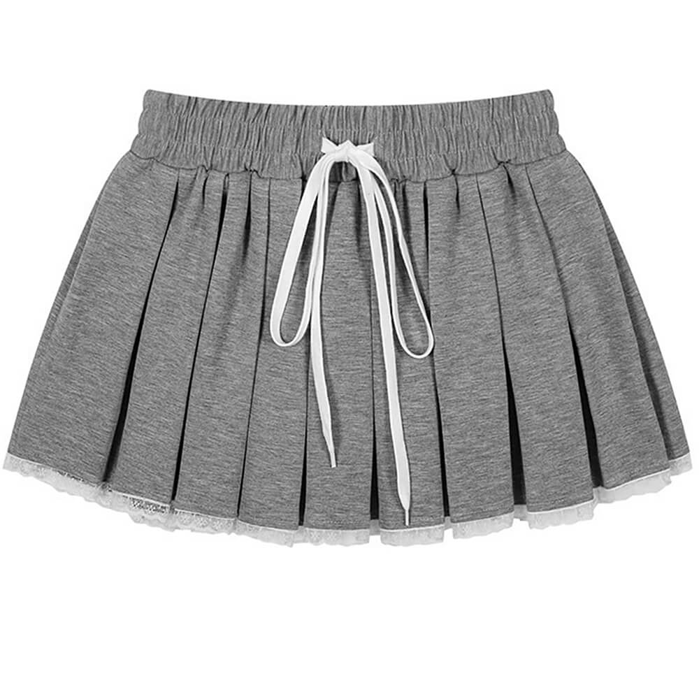 GREY PLEATED SKIRT WITH LACE TRIM MINI