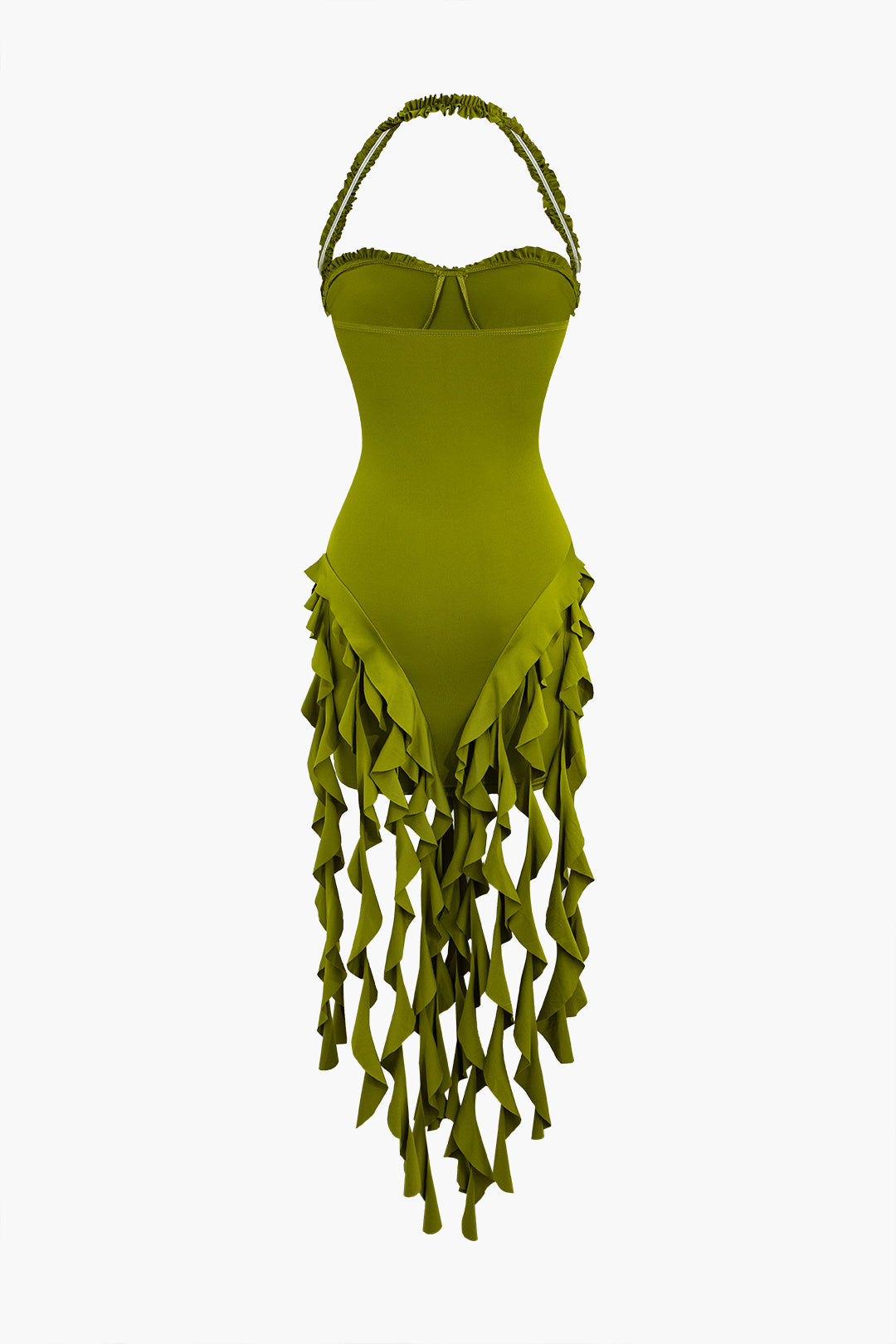 HALTER DRESS WITH FRINGE IN OLIVE GREEN - CASUAL DRESS NON-TRANSLUCENT FABRIC