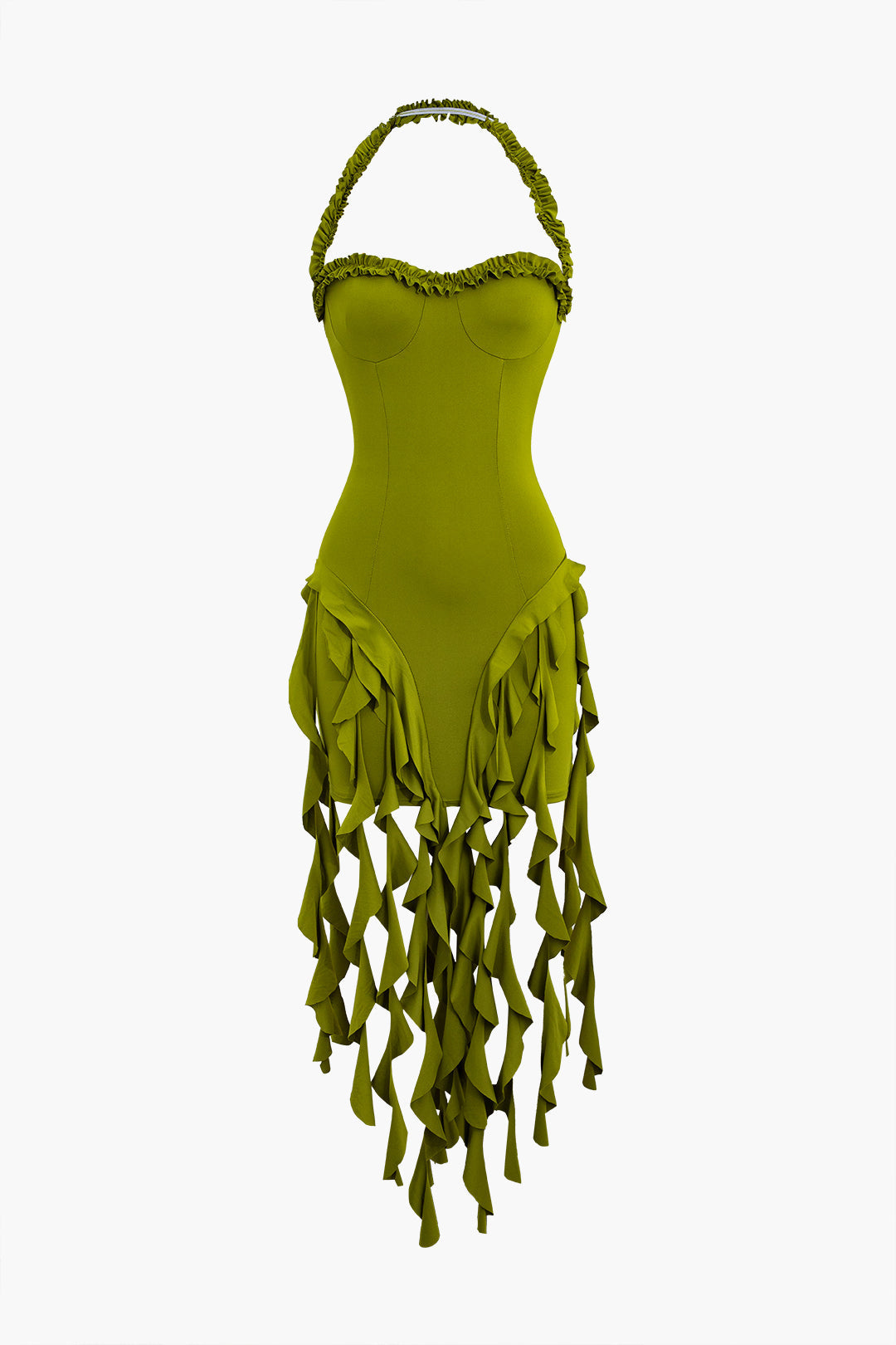 HALTER DRESS WITH FRINGE IN OLIVE GREEN - CASUAL DRESS NON-TRANSLUCENT FABRIC