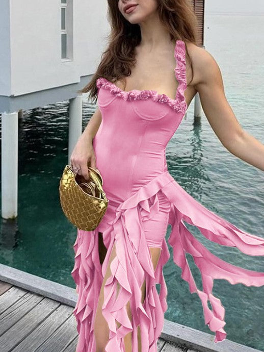 HALTER DRESS WITH LEAF FRINGE AND IRREGULAR HEM DESIGN