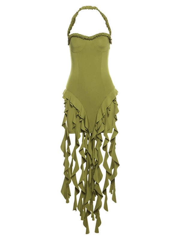 HALTER DRESS WITH LEAF FRINGE AND IRREGULAR HEM DESIGN