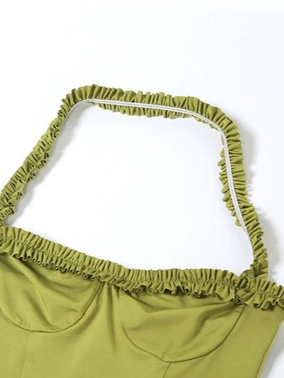 HALTER DRESS WITH LEAF FRINGE AND IRREGULAR HEM DESIGN