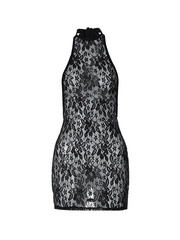 HALTER NECK MINI DRESS - SLIM FIT BLACK LACE MINIDRESS