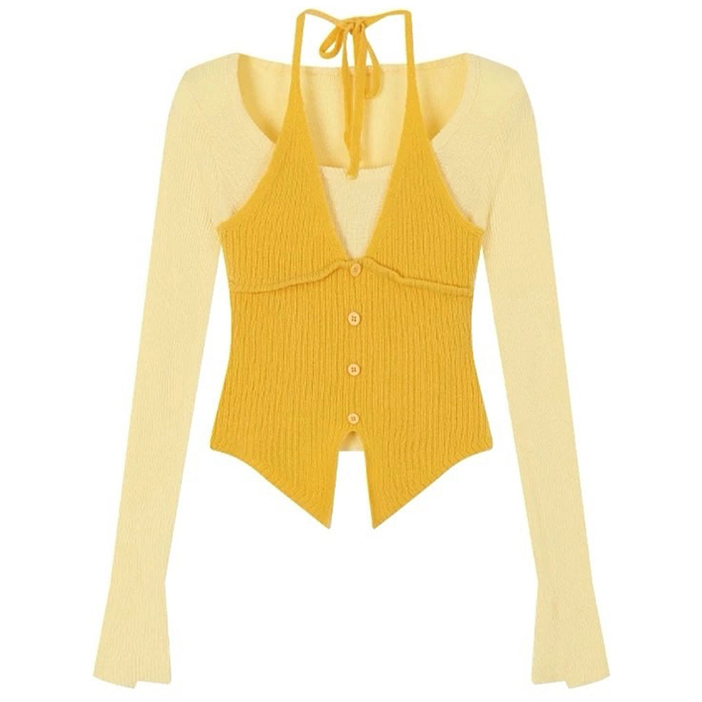 HALTER TOP AND CARDIGAN SET ELEGANT YELLOW RIBBED