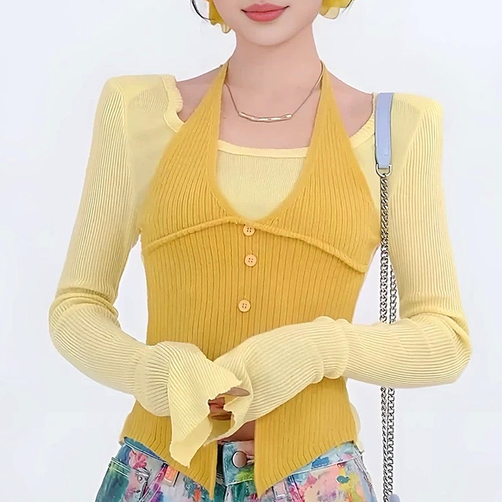 HALTER TOP AND CARDIGAN SET ELEGANT YELLOW RIBBED