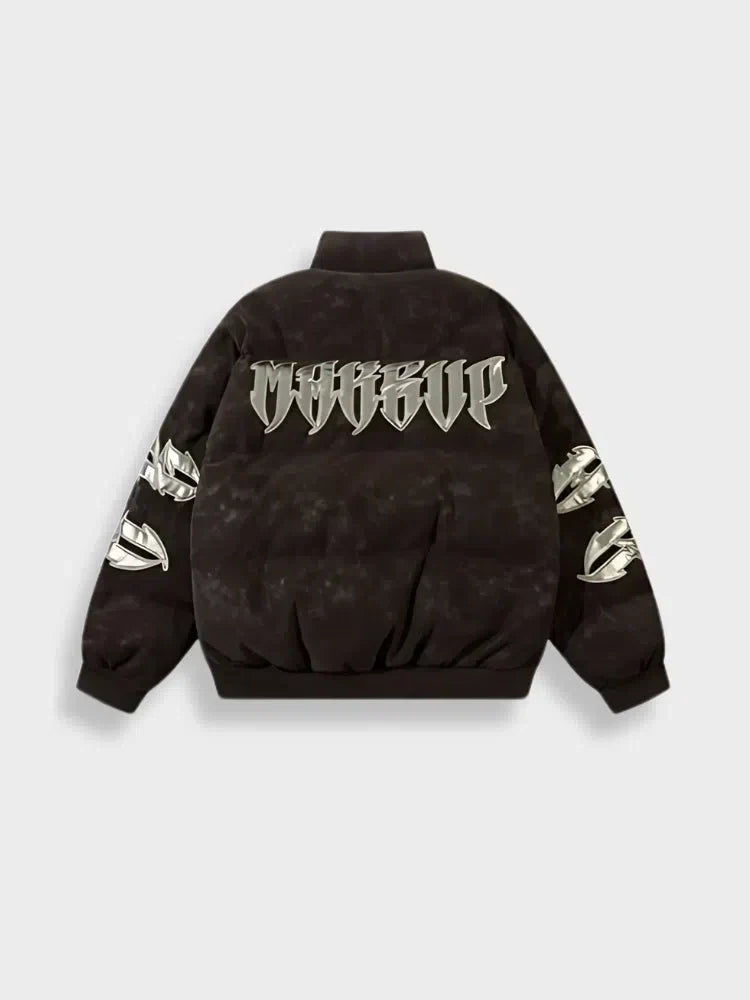 HARAJUKU PUFFER JACKET WITH TRIBAL DESIGN - BLACK PUFFER JACKET