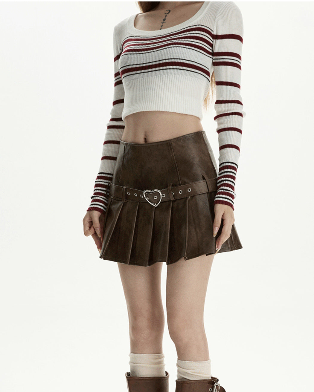 HEART BUCKLE VEGAN LEATHER PLEATED MINI SKIRT