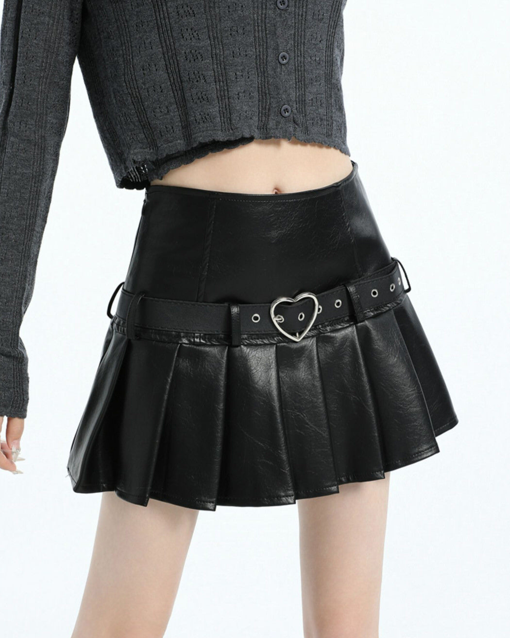 HEART BUCKLE VEGAN LEATHER PLEATED MINI SKIRT