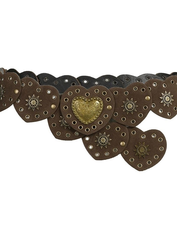 HEART-SHAPED LEATHER BELT WITH GOLD ACCENTS AND GEOMETRIC PU LEATHER DETAIL