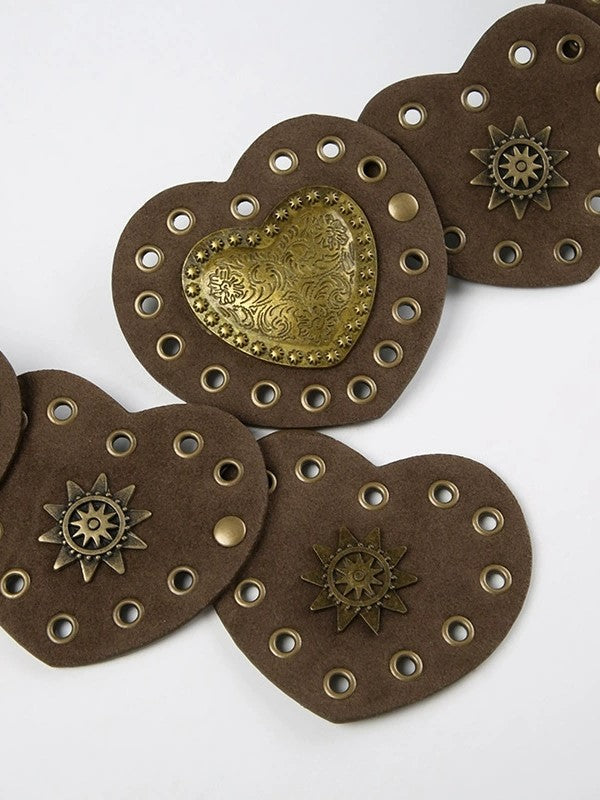 HEART-SHAPED LEATHER BELT WITH GOLD ACCENTS AND GEOMETRIC PU LEATHER DETAIL