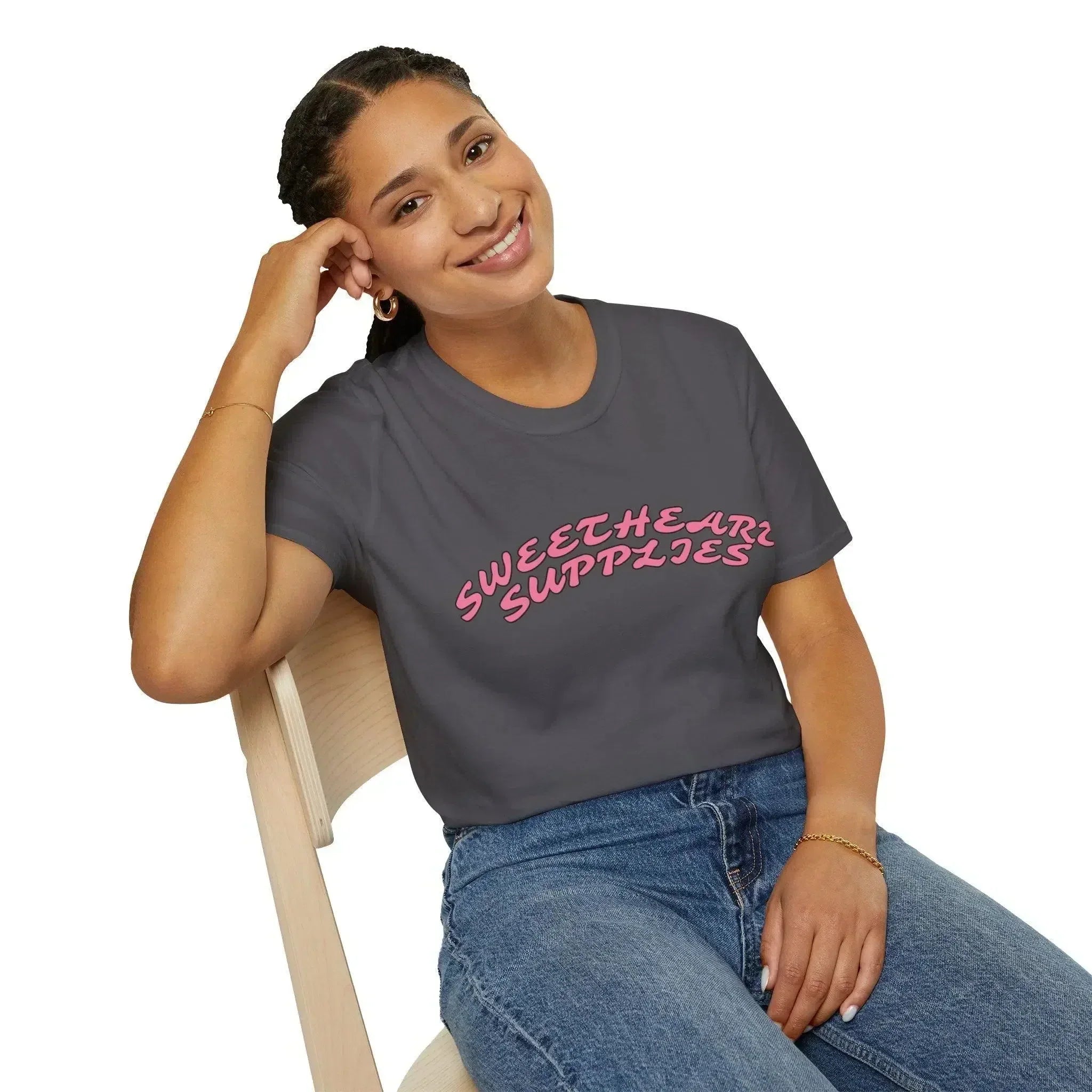 HEATHER GRAY T-SHIRT WITH PINK TEXT - SOFT STYLE RING-SPUN COTTON