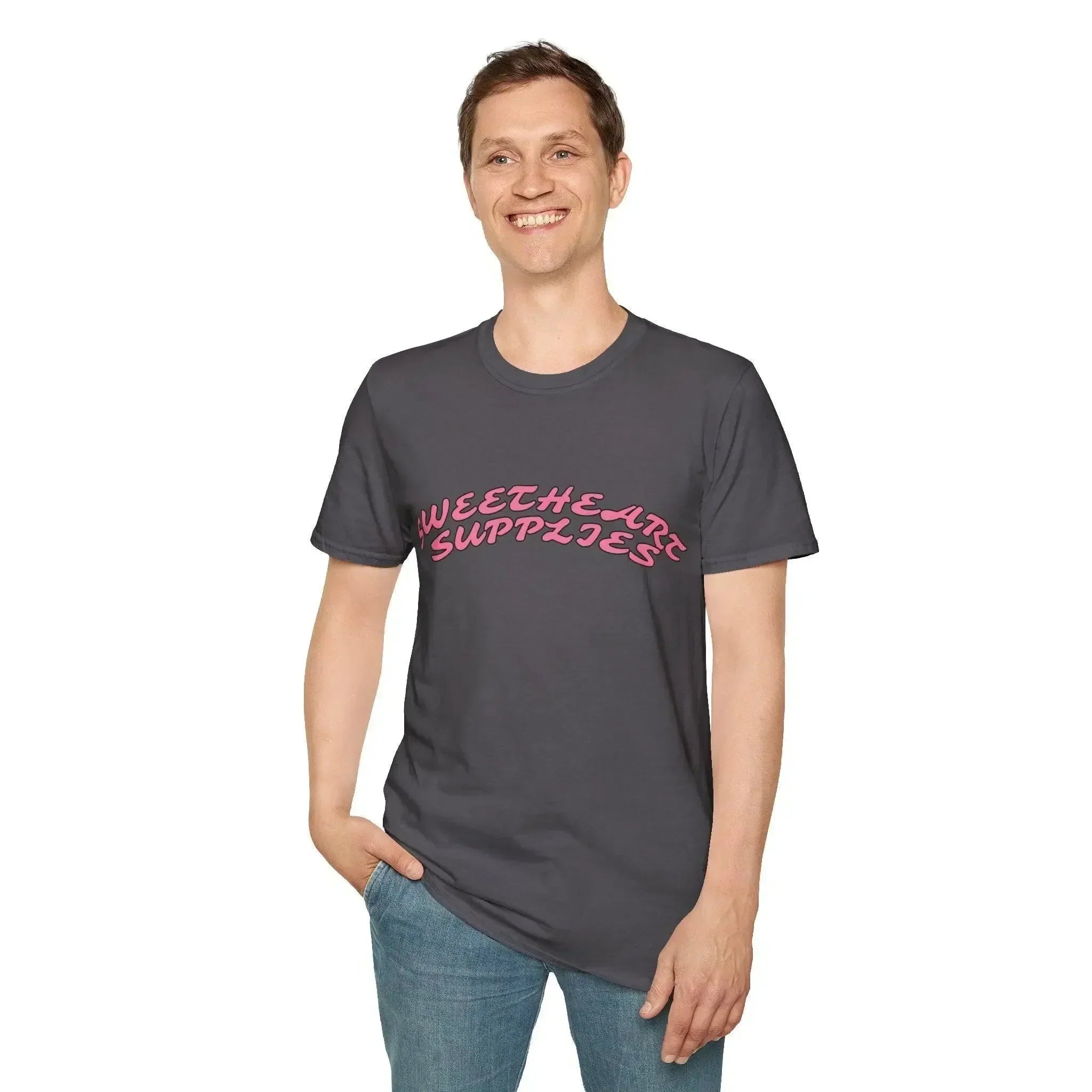 HEATHER GRAY T-SHIRT WITH PINK TEXT - SOFT STYLE RING-SPUN COTTON