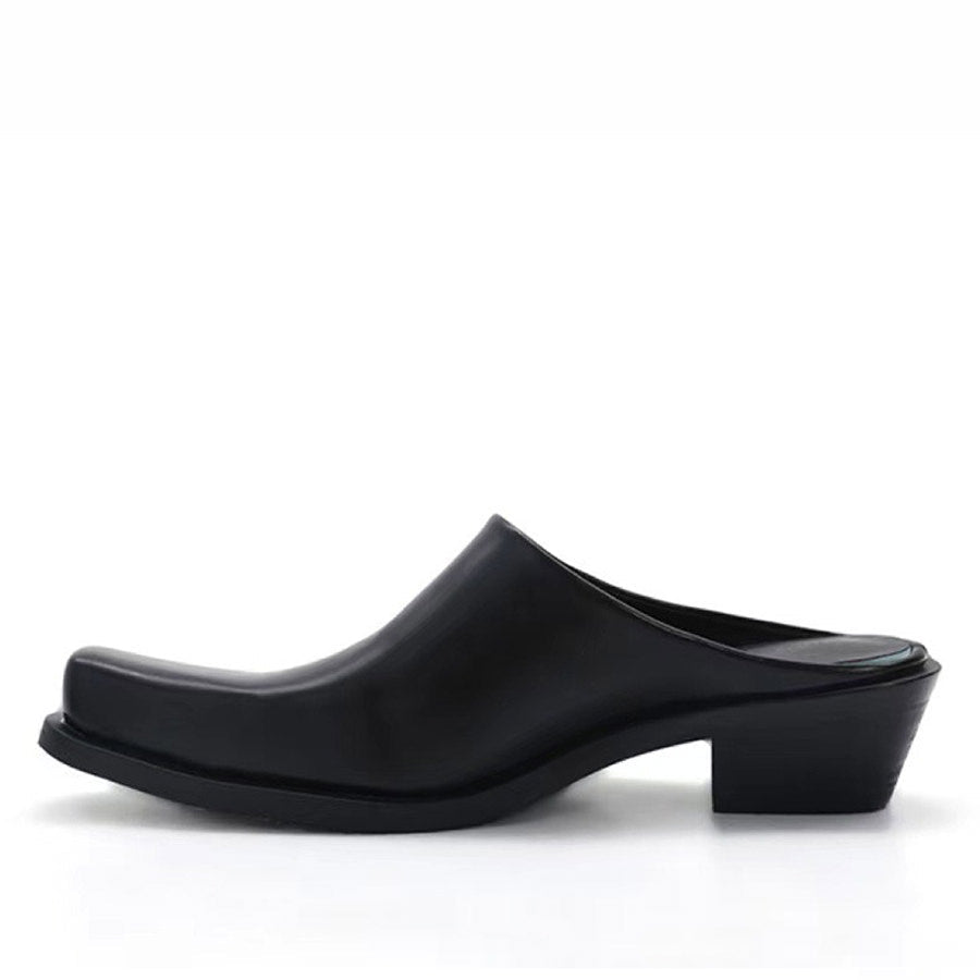 HEELED MULES ESME MINIMALIST BLACK SQUARE TOE