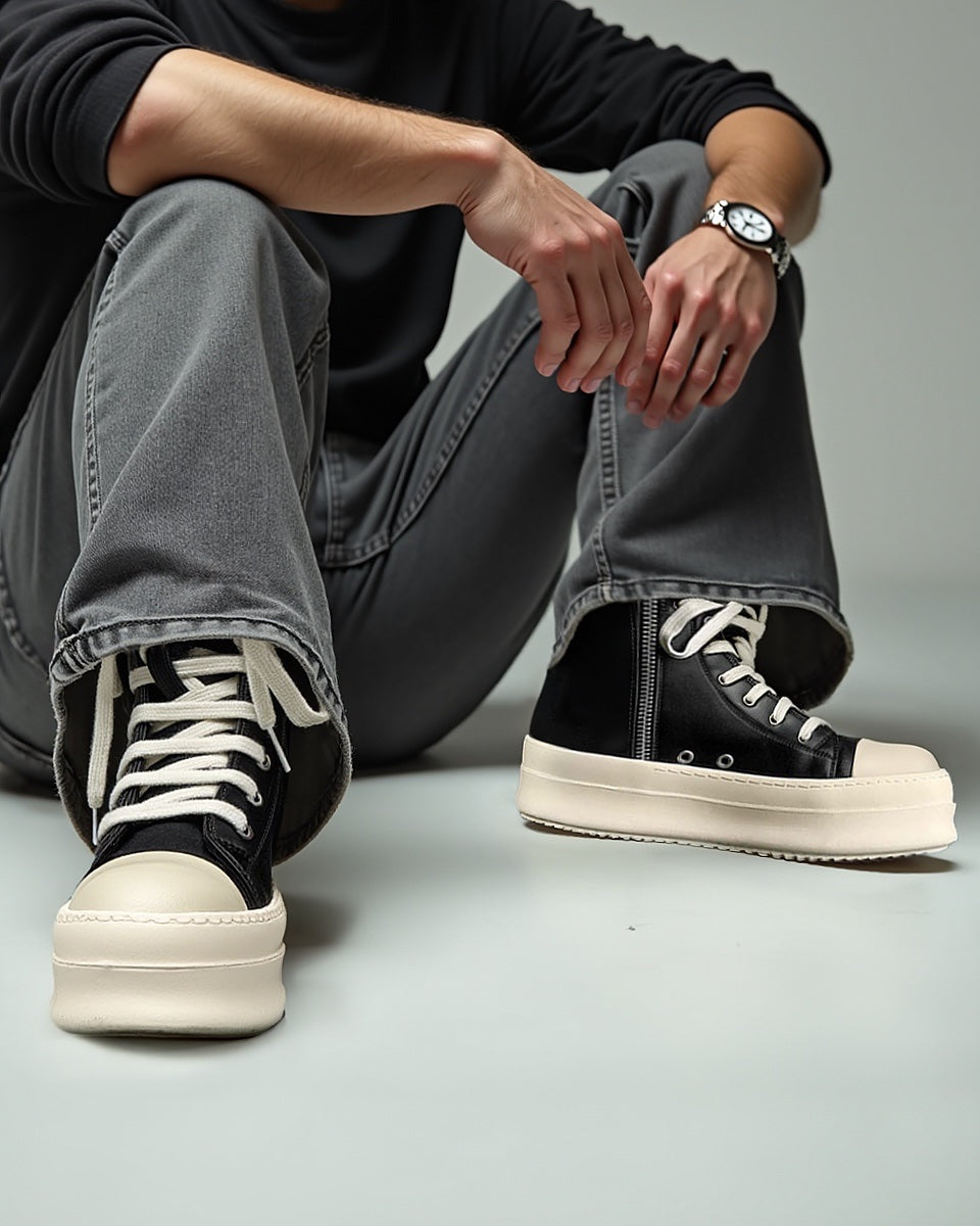 HIGH-TOP SNEAKERS WITH ROUND TOE RUBBER AND THICK WHITE SOLE