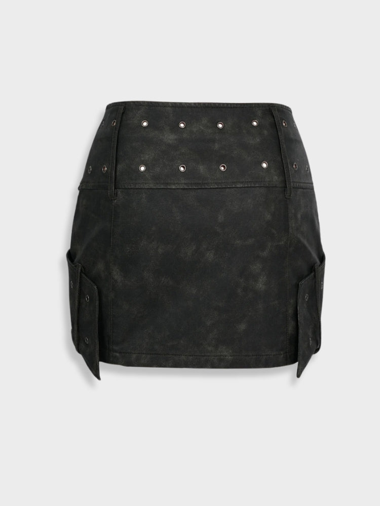 HIGH WAIST MINI SKIRT WITH METAL BUCKLE STRAPS