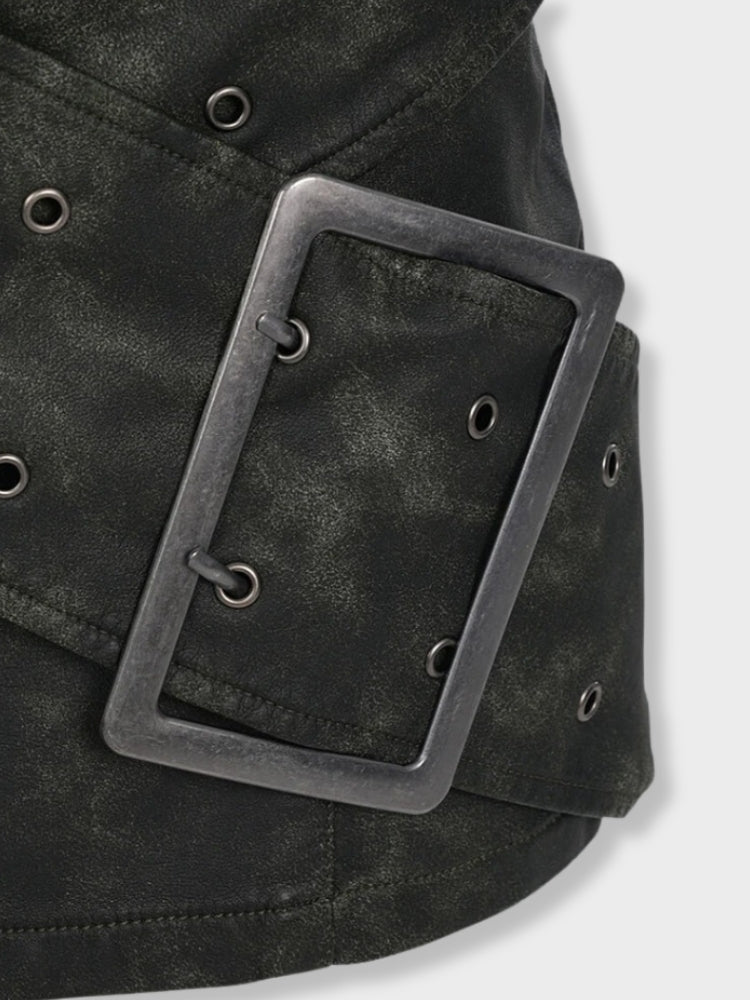 HIGH WAIST MINI SKIRT WITH METAL BUCKLE STRAPS