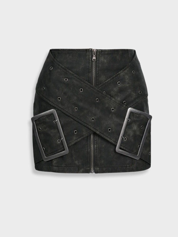 HIGH WAIST MINI SKIRT WITH METAL BUCKLE STRAPS