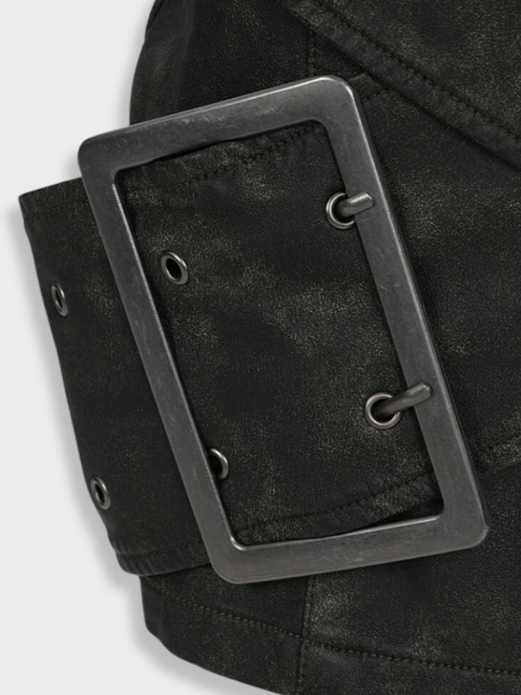 HIGH WAIST MINI SKIRT WITH METAL BUCKLE STRAPS