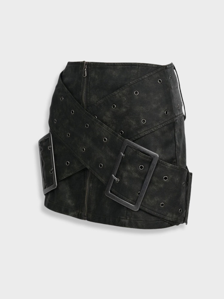 HIGH WAIST MINI SKIRT WITH METAL BUCKLE STRAPS