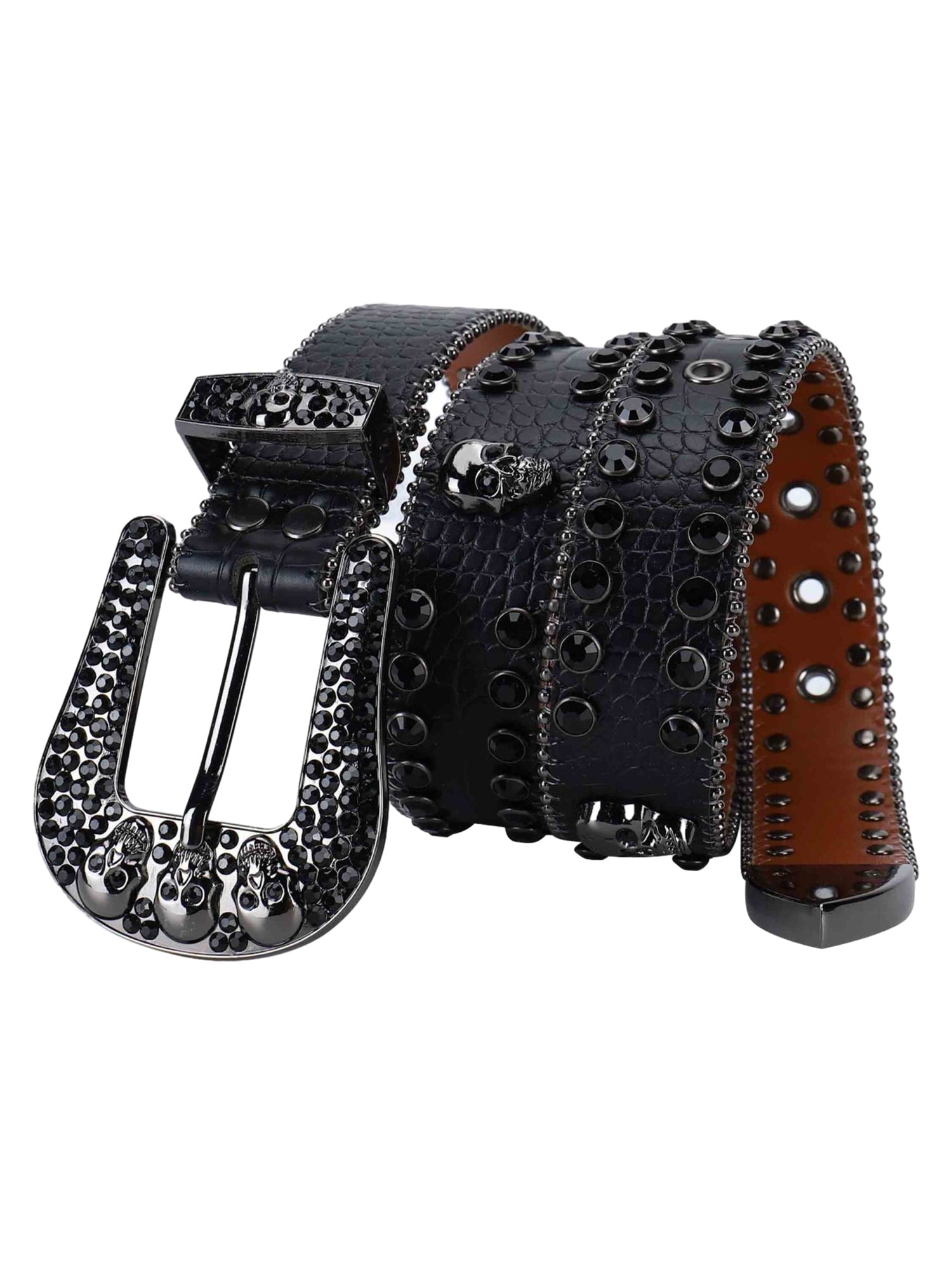 HIP HOP BELT BLACK LEATHER SKULL-STUDDED HIP HOP RHINESTONE BELT