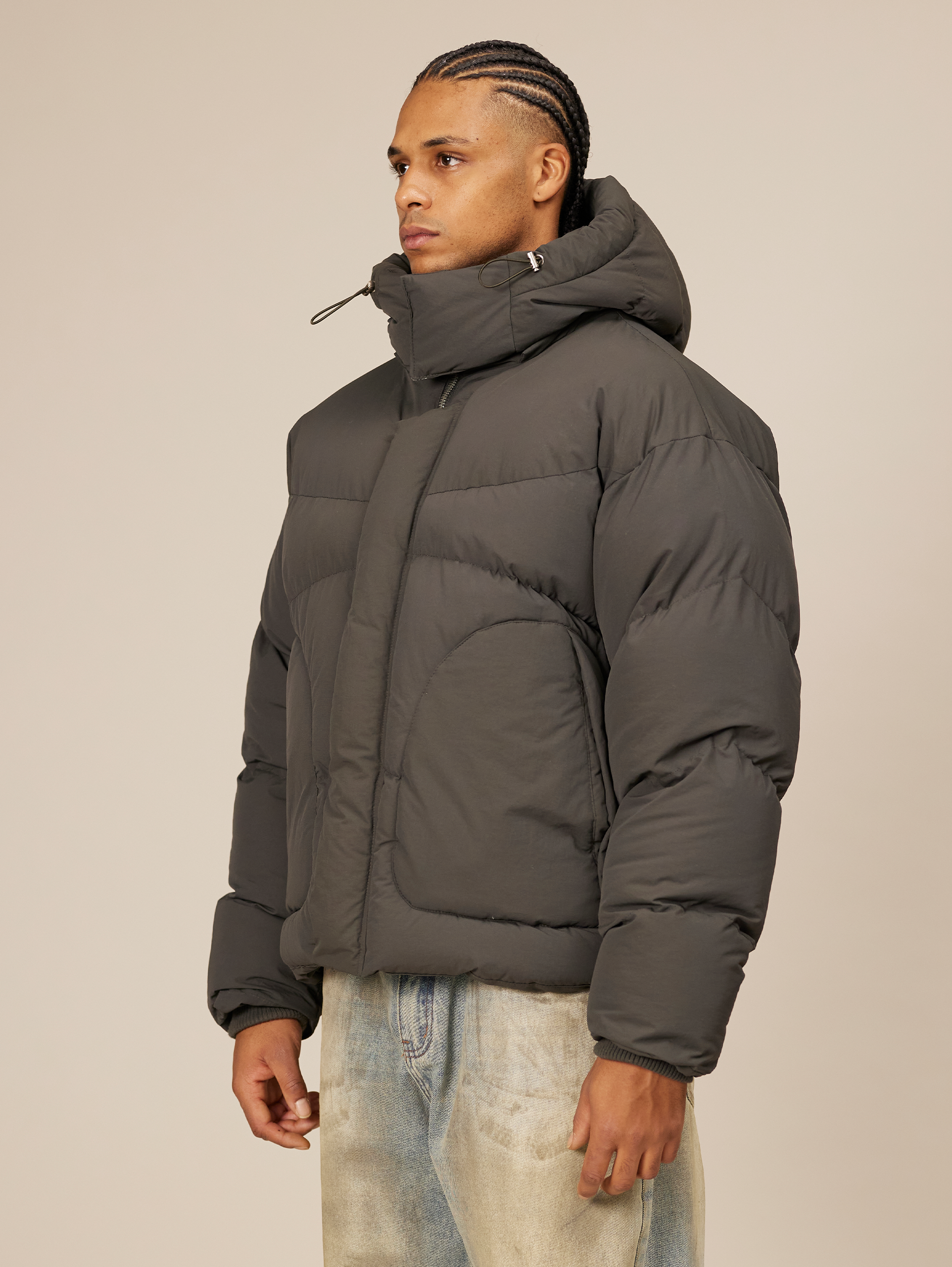 HOODED GRAY PUFFER JACKET DARK GREY OVERSIZED DROPPED SHOULDER