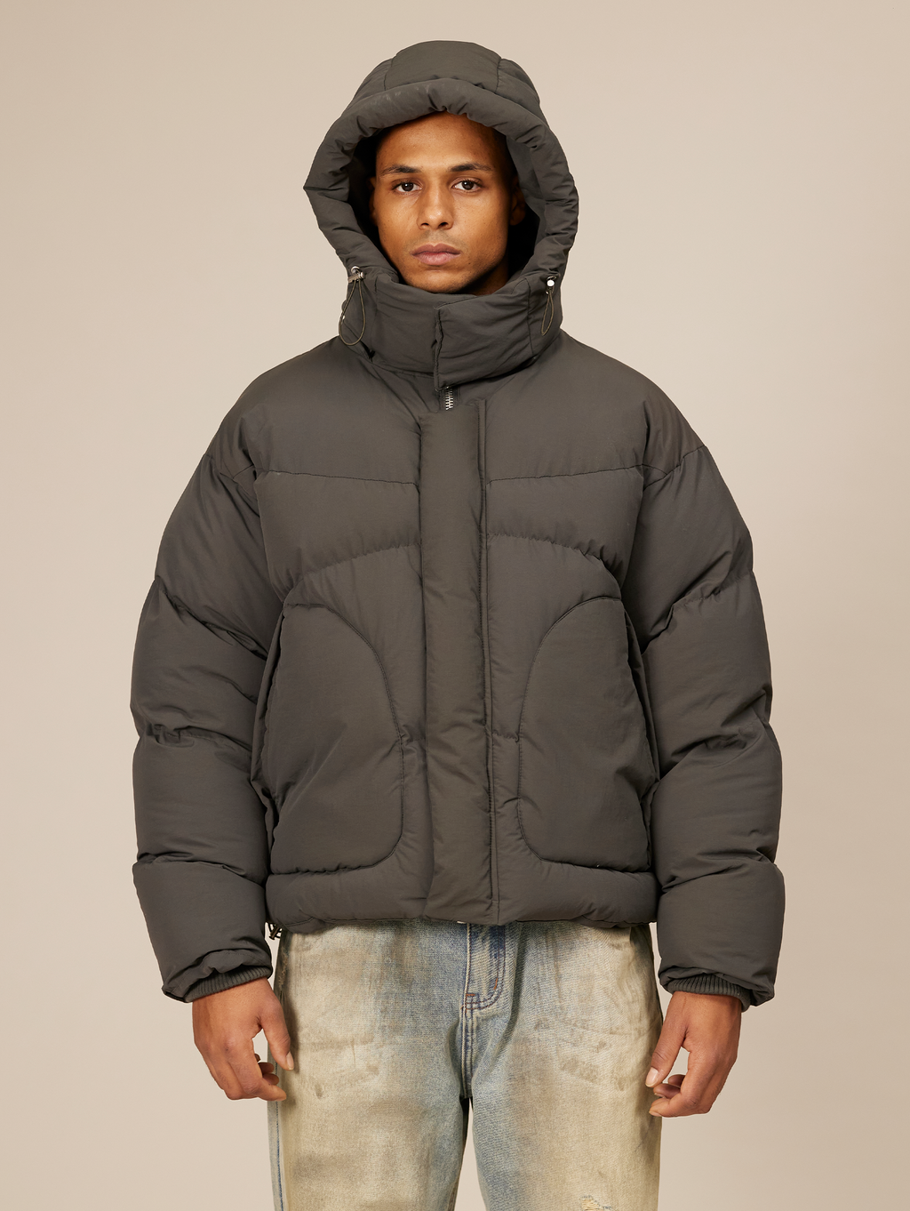 HOODED GRAY PUFFER JACKET DARK GREY OVERSIZED DROPPED SHOULDER